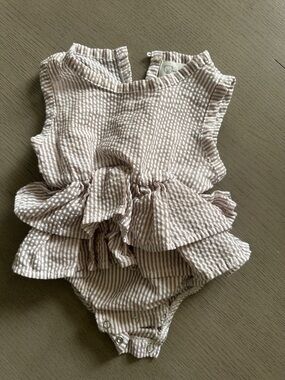 Baby Girls Beige Striped Ruffle Romper